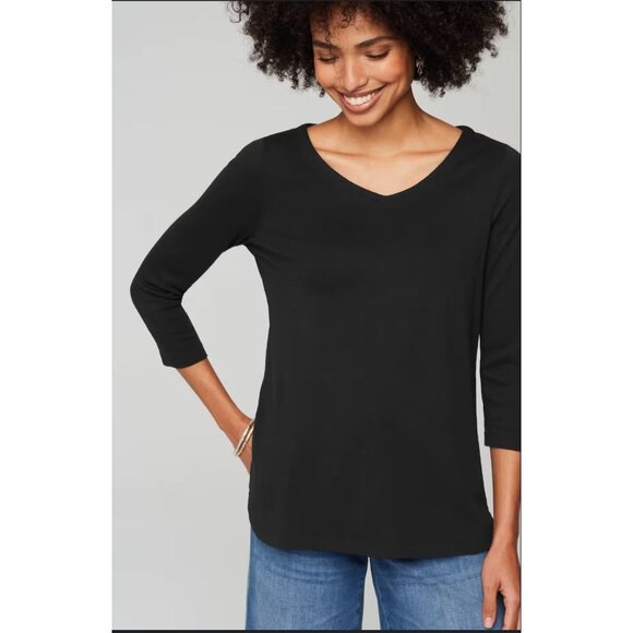 J. Jill 100% Pima Cotton 3/4-Sleeve V-Neck Tee, Black, Large - Picture 1 of 8